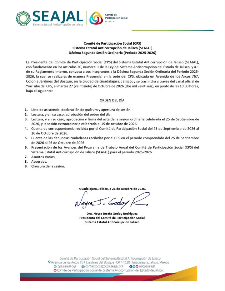 🟢Acompáñanos en la Décima Segunda Sesión Ordinaria (2025-2026) del Comité de Participación Social SEA Jalisco…