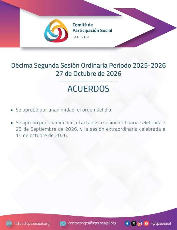 📑#SesiónCPSSEAJAL | 🧐Conoce los Acuerdos tomados en la Décima Segunda Sesión Ordinaria (2025-2026) del Comité…